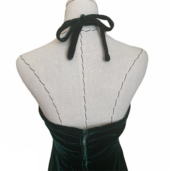 Vintage 60s 70s Green Velvet Halter Crochet Lace Bib Maxi Dress Gunne Goth - Picture 6 of 12